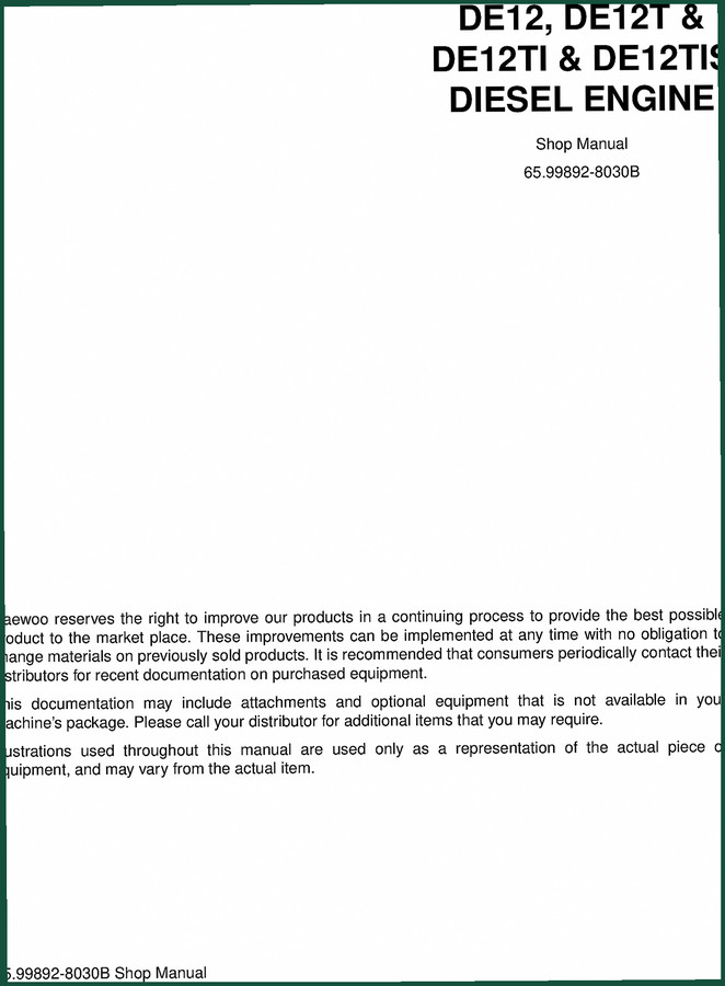 Daewoo DE12/DE12T/DE12TI/DE12TIS Workshop Manual – 165 Pages OEM
