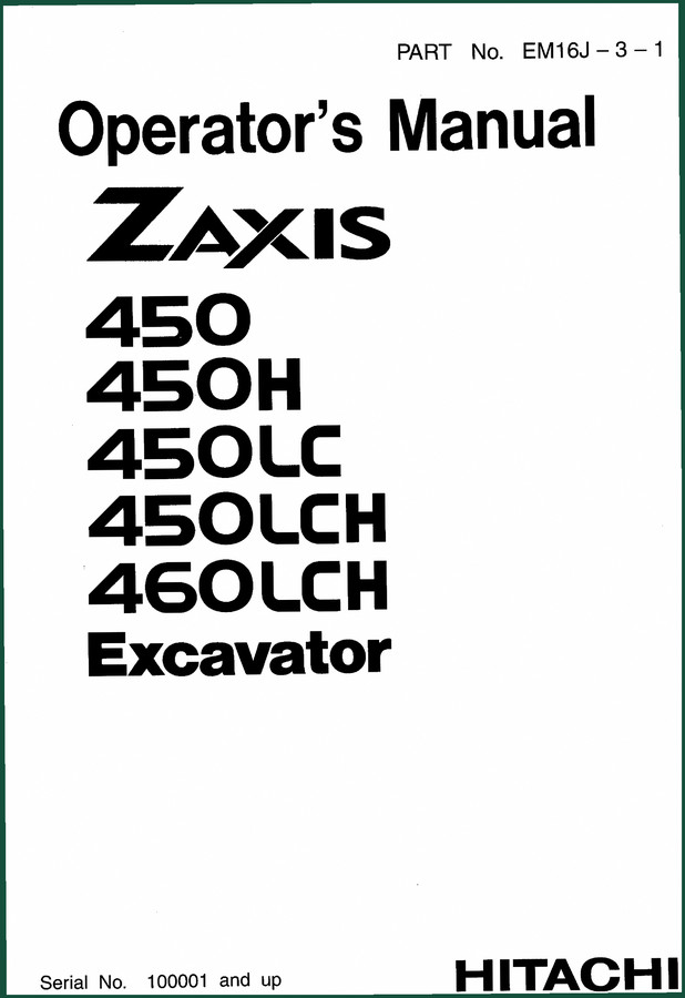 Hitachi 450/460LC 2004 Operator Manual – 364 Pages Factory Specs