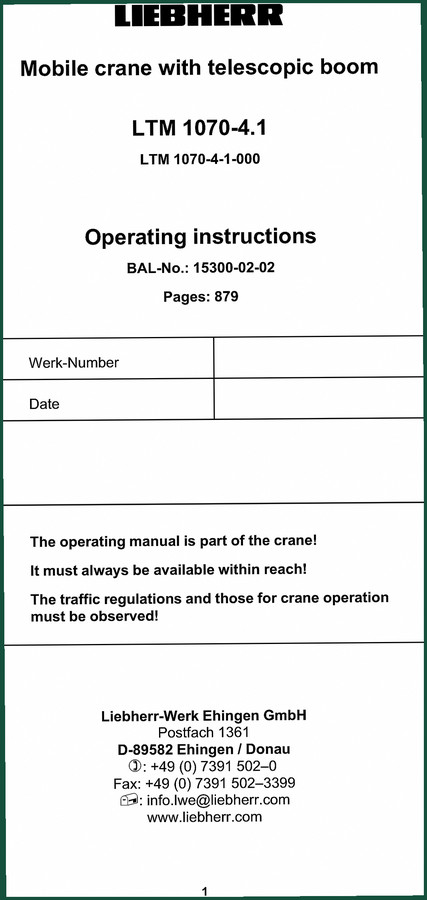 Liebherr LTM 1070-41 User Manual – 879 Pages of Factory Specs