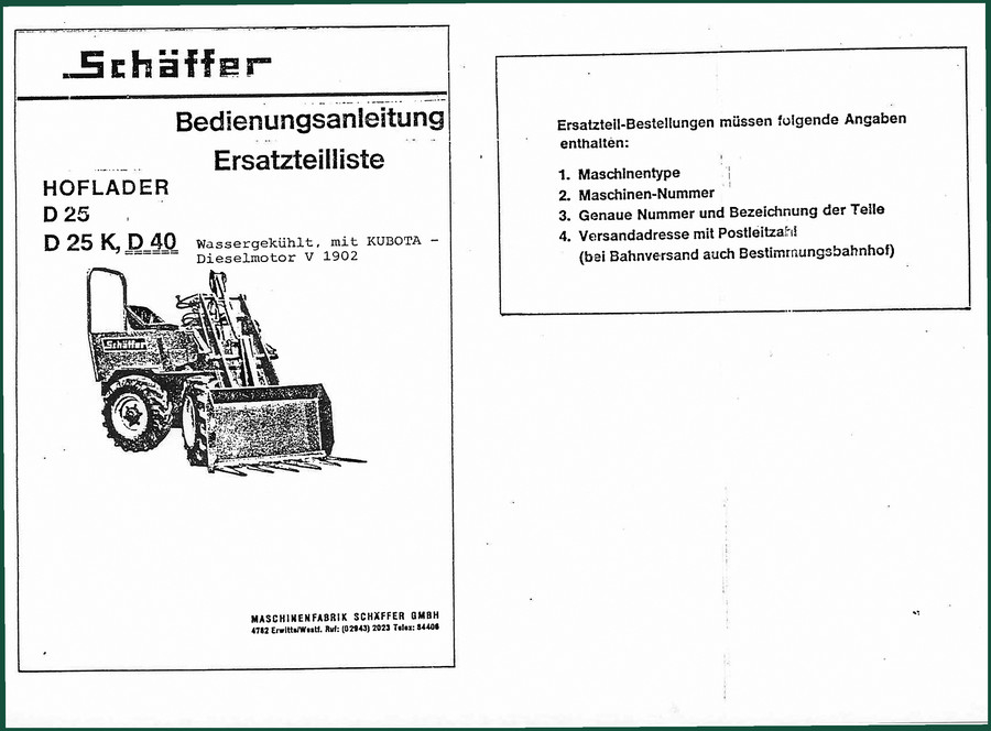 Schaffer D 25 K / D 25 Q Parts Catalog – 19 Pages OEM Manual